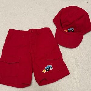 GYMBOREE 2005 BIG WHEELIN’ RED MONSTER TRUCK SHORTS & HAT APPLIQUED 18-24 MONTHS